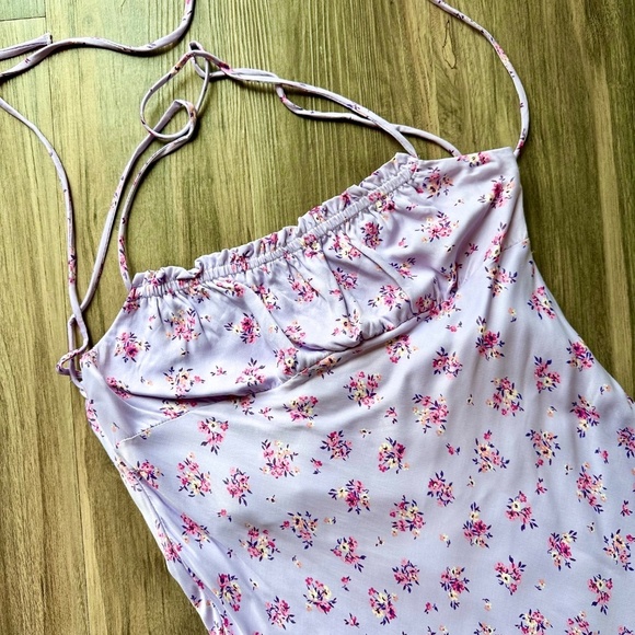 Zara Floral Print Satin Effect Slip Light Mauve Dress Backless Crisscross Size M - Picture 4 of 11